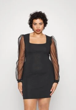 Bodycon Sleeves Low Neck Mini Dress- Jumper Dress - Black